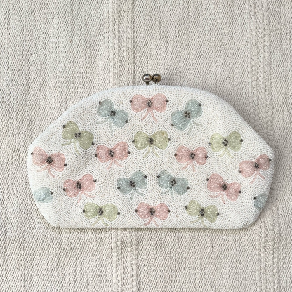 Vintage Josef Hand Beaded In Japan Bag Clutch Pastel Bows Kitschy 1950s Retro